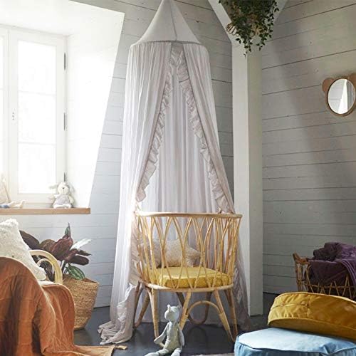 Bed Canopy with Frills Reading Nook Game Tent for Kids Boho Hanging Net Play Room Decor(White)