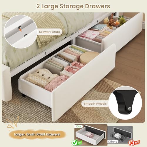 DICTAC Twin Size Bed Frame for Kids with Storage Drawers, Bookcase Headboard, LED Lights and Power Outlets, Diamond Tufted Velvet Upholstered Princess Platform Bed, Heavy-Duty Metal Support, Beige