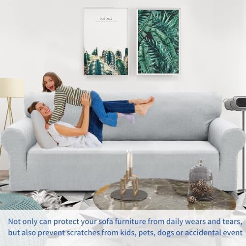 ZNSAYOTX 1 Piece Jacquard Couch Covers for 2 Cushion Couch High Stretch Loveseat Slipcover for Pets Dogs Anti Slip Love Seat Sofa Slipcover Furniture Protector (Medium, New Pattern Silver Grey)