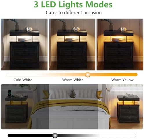 HNEBC Night Stand Set 2 with Gun Drawers, LED Farmhouse Nightstand with Charging Station, Smart End Table with 3 Colors Auto Lights, Bedside tabel with Hidden Compartment,Bedroom Set-Brown