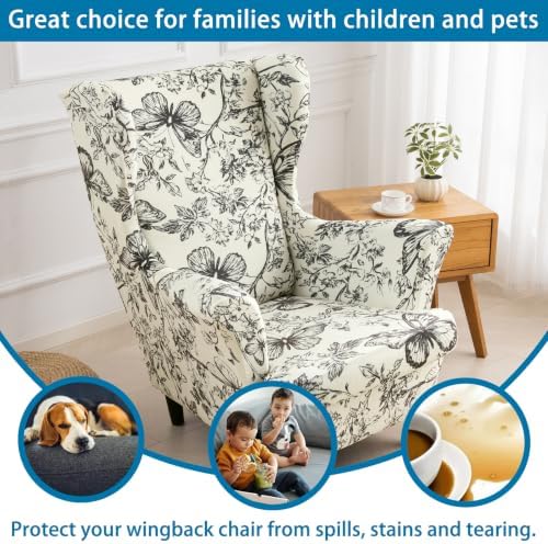 HZDHCLH Wingback Chair Slipcover 2 Piece Plush Velvet Stretch Wingback Chair Cover Washable Black Butterfly Wildflower Print Furniture Protector for Living Room Bedroom Hotel
