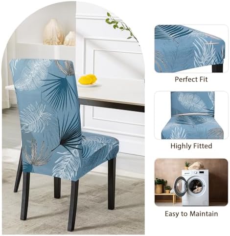 SearchI Summer Pattern Dining Room Chair Covers Set of 6, Stretch Printed Parsons Chair Slipcovers Spandex Removable Washable Kitchen Chair Protector Cover for Dining Room, Hotel, Ceremony (Blue)