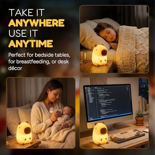 Capybara Night Light for Kids, Squishy Silicone Capybara Lamp, Touch Control, 2 Brightness Levels, 20-Minute Timer, Rechargeable LED Bedside Nightlight
