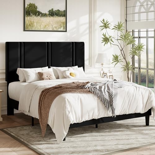 Allewie Queen Platform Bed Frame with Velvet Upholstered Headboard