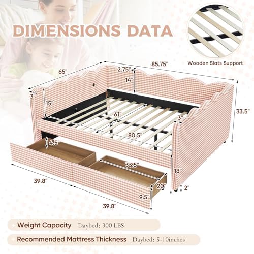 Queen Size Daybed with Storage Drawers, Linen Gingham Daybed with USB Ports & Wave Shaped, Upholstered Day Bed Frame, Modern Sofa Bed for Living Room/Bedroom/Guest Room, No Box Spring Needed, Pink