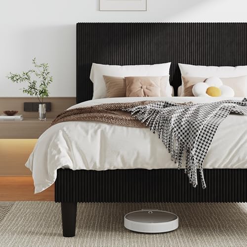 Allewie Full Bed Frame, Corduroy Tufted Headboard, Black