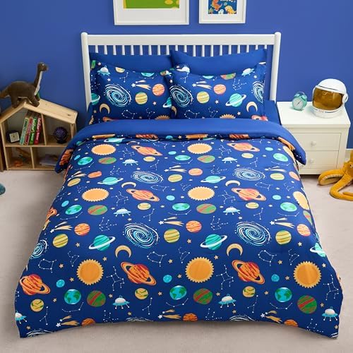 Joiedomi Kids Comforter Set Bedding Set for Boys Girls Super Soft Microfiber Bed in a Bag with Comforter Sheets Pillowcase Sham, Dark Blue Cosmic Space, Full