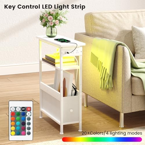 Narrow White Side Table with Charging Station and LED Light, End Table