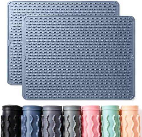 2 Pack Caketime Silicone Dish Drying Mat for Kitchen Counter Multiple Usage for Cooking Grilling Under Sink Office Coffee Accessories Appliances Pioneer Woman Stuff Extra Large 24"x18" Blue