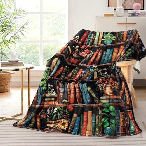 Bookshelf Throw Blanket Vintage Books Blanket for Book Lovers Reading Blankets for Readers Floral Fleece Throw Blanket Super Soft Warm Cozy Flannel Blankets for Couch Sofa Bed 60x80in