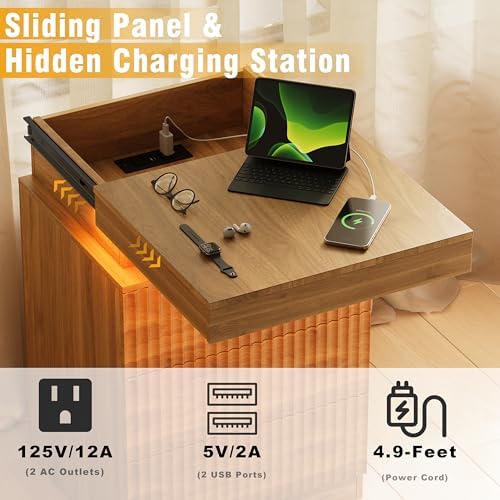 Fluted Nightstand with Charging Station and LED Light, Bedside Table with Sliding Top, USB Ports and AC Outlets, 3 Drawer Storage Cabinet, Modern End Table for Bedroom, Walnut