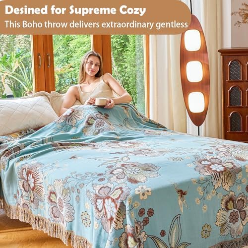 VANJOROY King Boho Throw Blanket 91" x 98", 100% Organic Cotton Breathable Skin-Friendly Ultra Soft Bed Quilt Blue Throw - Floral Rustic Decor Luxury Reversible Blanket for Sofa Couch Chair and Gift
