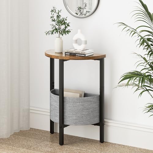 Vagusicc Small Round Side Table, Accent End Table with Storage Basket, Set of 2 Half Round Coffee Table End Table, Half Moon Bedside Table, Modern Nightstand Couch Table for Living Room Bedroom, Brown