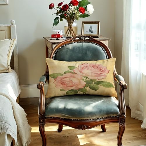 Decorative Romantic Rose Flower Pillow Cover Vintage Shabby Chic Peach Pink Rose Floral Rectangular/Waist Cushion Cover Cotton Linen Pillowcase for Sofa Bedroom Car 12x20 Inch Set of 2 (12”×20”)