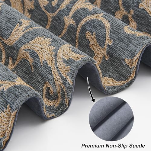 Loom and Mill Chenille Damask Table Runner 72 inches Long, Blue-Grey+Khaki