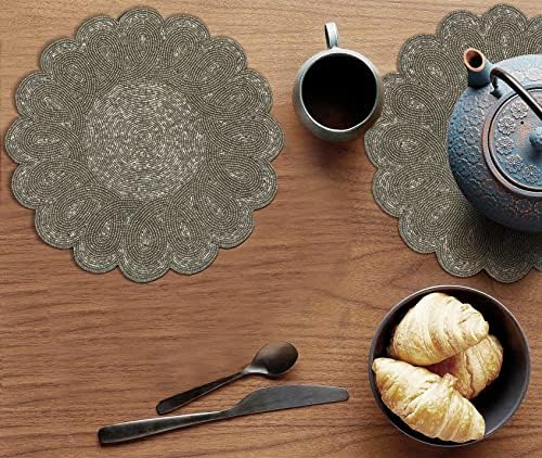 Lightnpro Handmade Beaded Placemats Set of 2 – 13 Inch Gunmetal Round Scalloped Charger Mats, Handcrafted Artisan Table Accessories in Gunmetal | Elegant Dining, Wedding & Home Décor Table Mats
