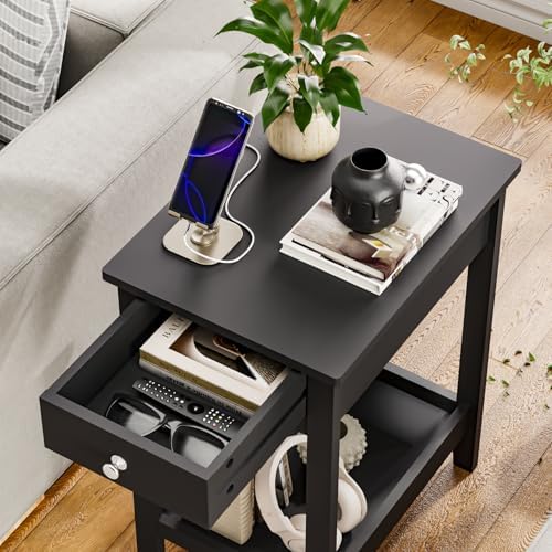 SEJOV Narrow Side Table, Small Black End Table with Drawer & Storage Shelve