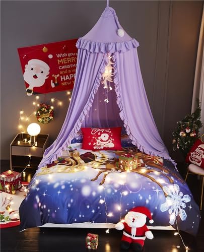 VETHIN Bed Canopy for Girls,Princess Round Dome Dreamy Mosquito Net Bedding Girls Room Castle Play Tent Hanging House Decor Reading Nook Canopies (Purple)