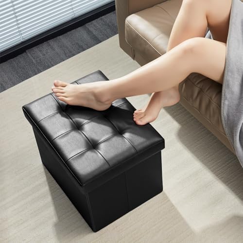 Bsketa Storage Ottoman Bench,17 Inch Folding Leather Foot Rest Stool, Black