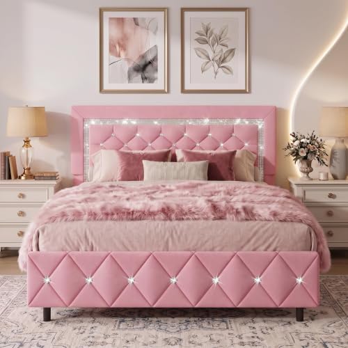 HOMBCK Full Size Bed Frame, Upholstered Platform Bed with Headboard, Pink