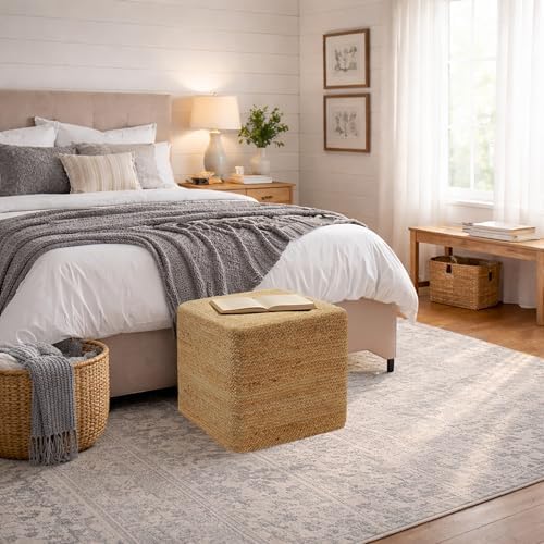 Casafield Hand-Braided Jute Pouf Ottoman Footrest, 18" W x 18" D x 18" H - Square, Natural Woven Boho Floor Cushion, Home Decor for Living Room