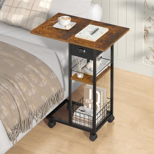 C Shaped End Table, TV Tray Table with Wheels, Drawer and Storage Basket