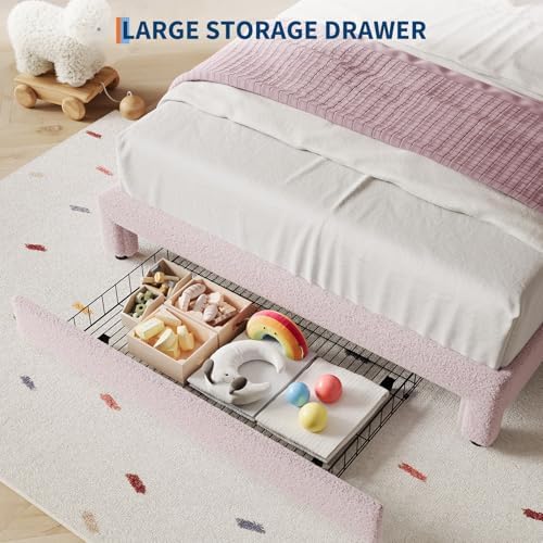 IDEALHOUSE Full Bed Frame with LED Headboard and Under-Bed Drawer, Boucle Fabric Upholstered Platform Bed with LED Light for Kids, Girls, Wooden Slats Support, No Box Spring Needed, Pink