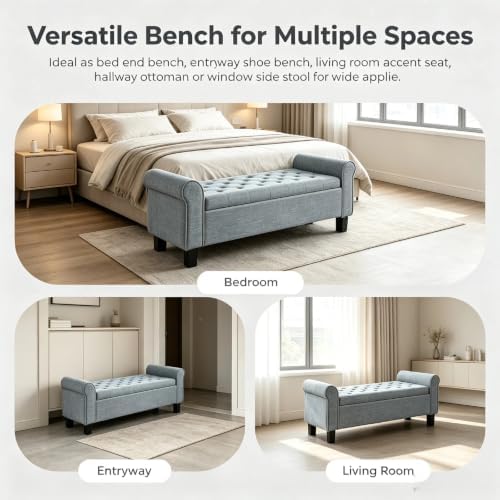 51 Inch Dark Gray Linen Storage Ottoman Bench with Rolled Armrests