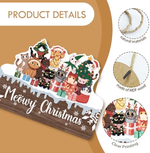 MOTERMATE Meowy Christmas Cat Sign Decor for Home 10x8 Inch