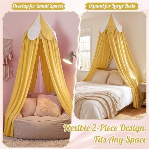 Bed Canopy with Scalloped Edge, 2 Panel Striped, Bright Yellow