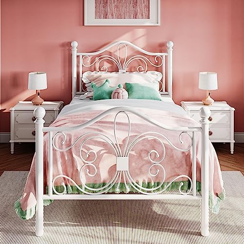 SHA CERLIN Twin XL Size Metal Bed Frame with Butterfly Headboard, White