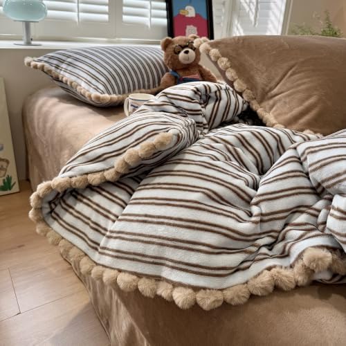 AOJIM Milk Velvet Duvet Cover Set Twin XL 3Pcs Retro Brown Striped Bedding