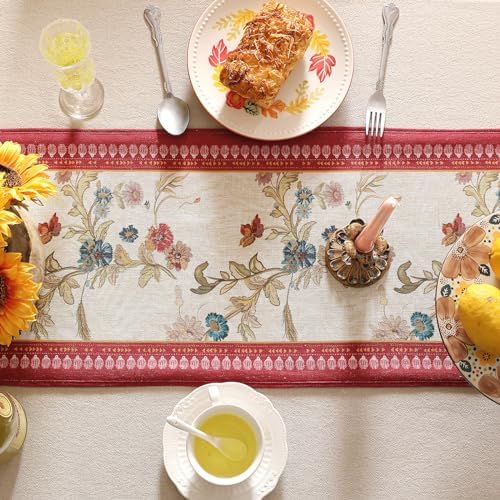 patdrea Designer Farmhouse Linen Extra Long Table Runner,Rustic Cottage Mauve with Rooster and Floral Pattern Fabric Table Mat,Decoration for Kitchen Dining Christmas New Year Banquet, 12"*118"