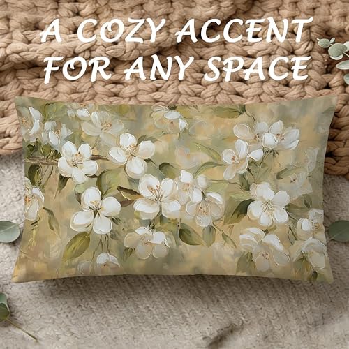 Neutral Vintage White Blossom Floral Pillow Cover 12x20, Rustic Beige Cottagecore Botanical White Flower Decorative Lumbar Pillow Cover for Couch Bed Living Room Bedroom