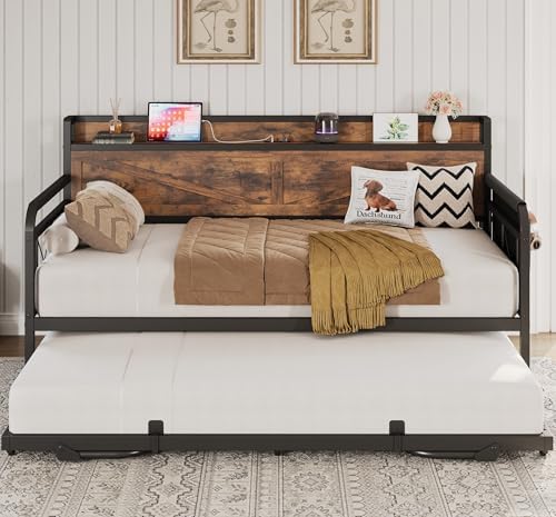 LIKIMIO Twin Daybed with Pop Up Trundle & Charging Station & Storage Shelf