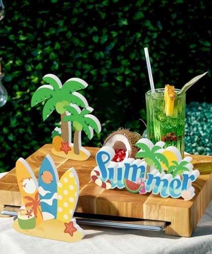 Putuo Decor Summer Tabletop Decor Set, Tropical Beach Standee Signs with Surfboards Palm Trees “Summer” Word Art, Cute Coastal Centerpiece for Tiered Tray Coffee Bar Party Table, Home Office Classroom