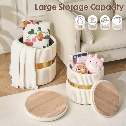Round Ottoman with Storage Set of 2 White Velvet Vanity Stool