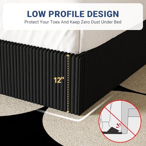 Allewie King Bed Frame, Adjustable Corduroy Headboard, Platform, Black