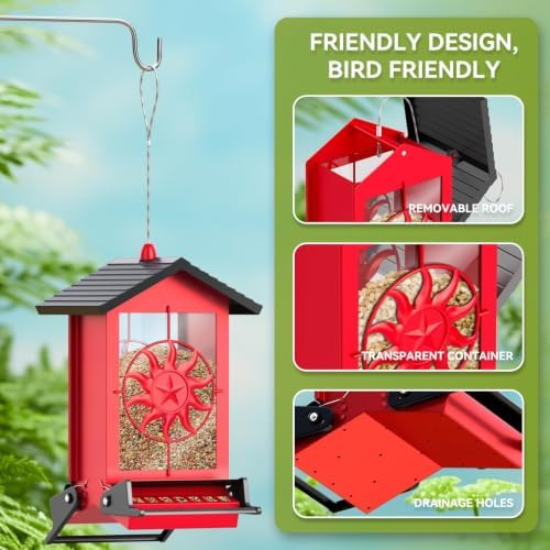 Squirrel Proof Bird Feeders for Outdoors with Weight-Activated, 5LB Large Metal Wild Bird Feeders for Cardinals,Blue Jay,Finch, Weatherproof Durable Hanging Bird Feeder for Backyard,Garden (Red)