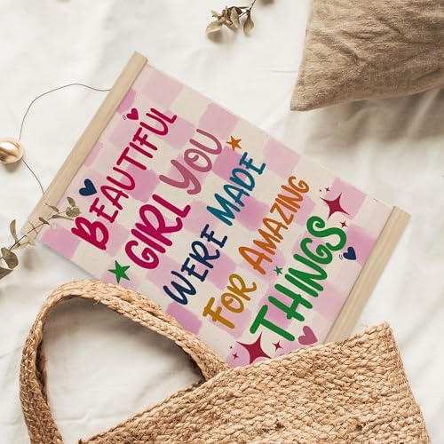 MAQIKA Inspirational Girls Room Poster Framed with Wood Hanger, Pink Girl Nursery Hanging Wall Decor, Motivational Canvas Wall Art Paints for Kids Toddler Girl Nursery Room Bedroom, 12x16 Inch