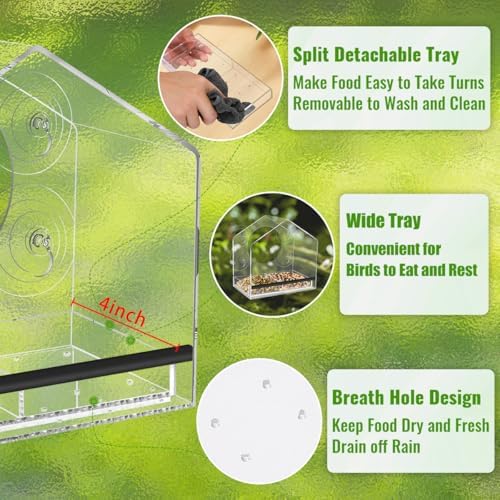 Clear Window Bird Feeder with Strong Suction Cups, Removable Tray