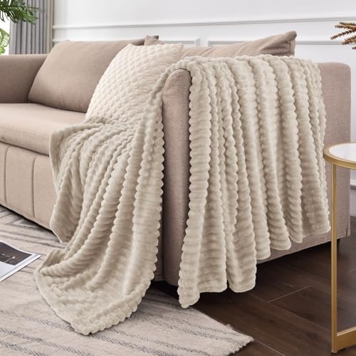 BEDELITE 3D Ribbed Linen Fleece Throw Blanket for Couch, 50x60 Inch