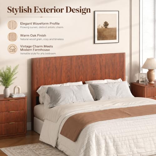 Boho Queen Size Fluted Headboard Only with Arched Corrugated, Walnut