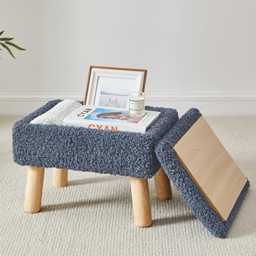Storage Ottoman, Small Foot Stool Ottoman with Storage, Teddy Velvet Foot Rest with Wood Legs, Footstool for Living Room, Bedroom, Entryway, Blue