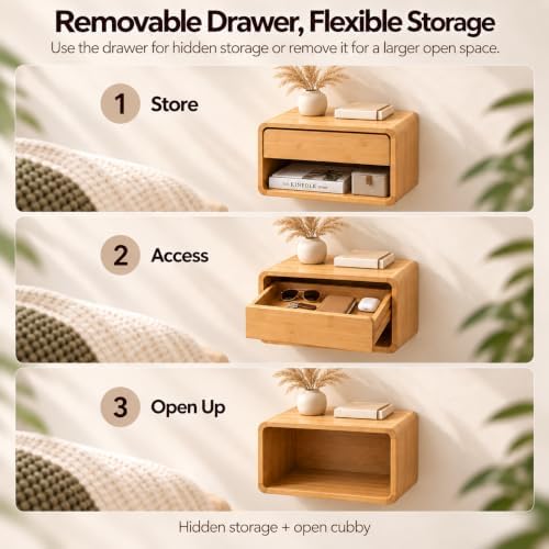Bamboo Floating Nightstand with Storage Drawer for Living Room Office