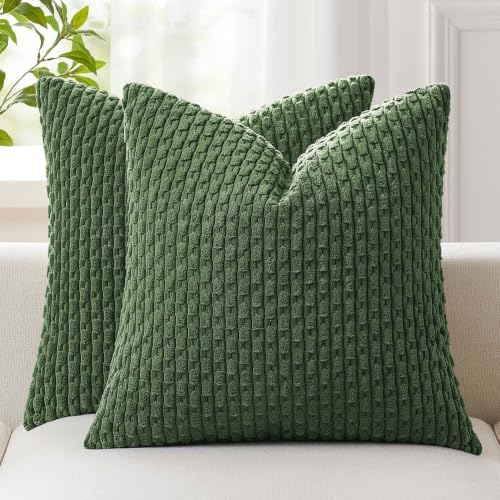 Kevin Textile Soft Corduroy 28x28 Inch Pillow Covers 2 Pack, Moss Green