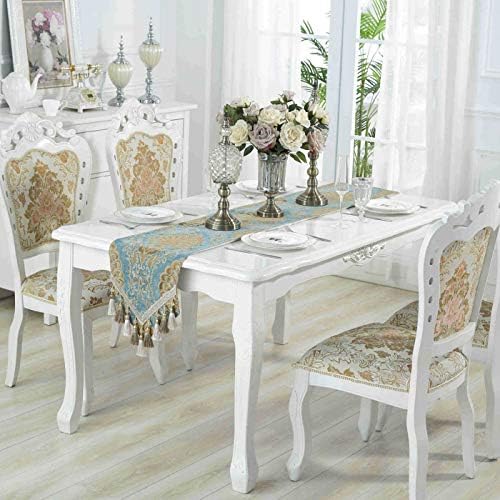 Embroidery Luxury Table Runner Jacquard Floral Dresser Scarf with Multi-Tassels, 13" x 62", Blue