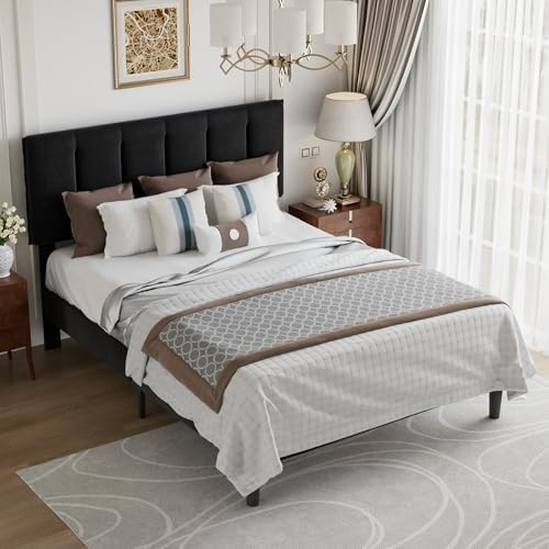VECELO Queen Size Bed Frame with Upholstered Headboard, Velvet & Black