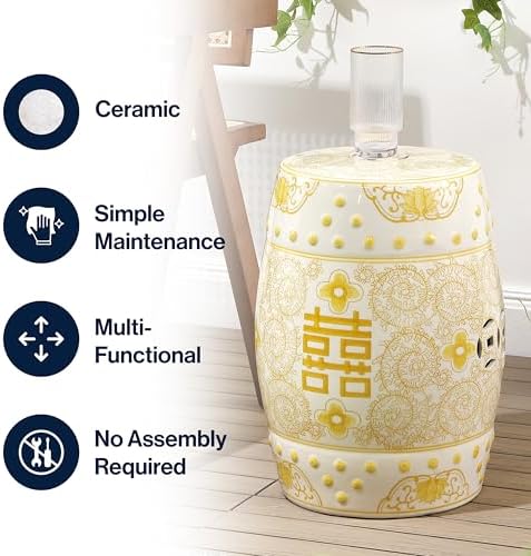 JONATHAN Y Double Happiness Ceramic Garden Stool 18" Table, Yellow/White