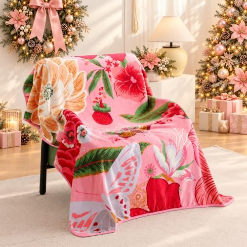 Tyrot Pink Boho Floral Christmas Flannel Fleece Throw Blanket – Soft, Warm & Lightweight Fuzzy Blanket for Couch, Bed, or Sofa Decor, Cute Botanical Design for Women & Girls, 50''x60''